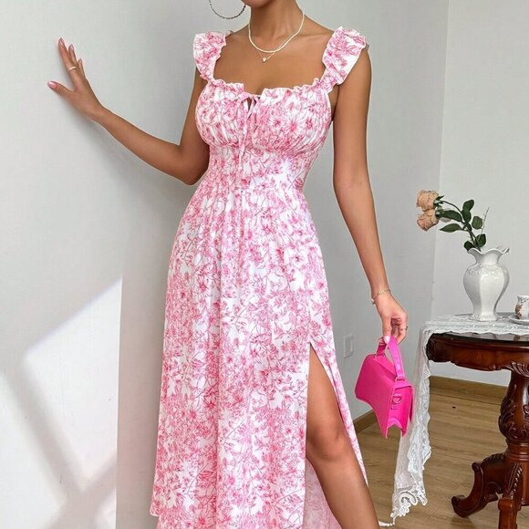 Hot Pink Women's Summer Floral Print Dress With Ruffled Hemline And Side Split - Picture 6 of 7